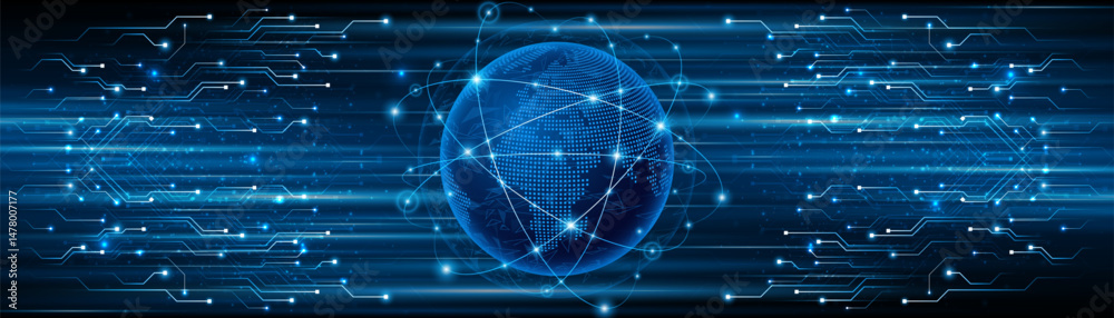 Fototapete Global connection network background. World map. High-speed internet technology concept or fast wireless data transmission. modern internet network connection technology background	