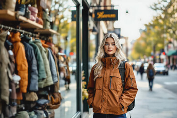 Obraz premium A young, fair-haired woman in a brown jacket stands confidently outside a shop window filled with autumn clothing, gazing directly at the camera against a blurred urban street scene.