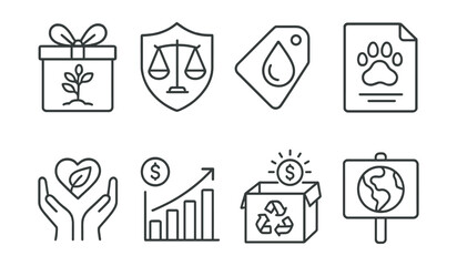 Line style icons of eco-focused charity: reforestation gift icon, environmental justice badge, clean water aid tag, wildlife support file, sustainable giving symbol, climate resilience donation chart