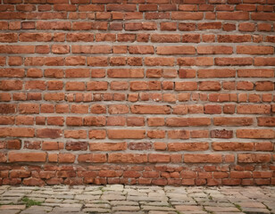 Obraz premium brick wall background with copy text space, Old red brick wall background, wide panorama of masonry.