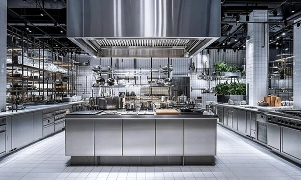 Sleek, modern commercial kitchen.  A spacious, stainless steel kitchen with high-end appliances,  organized countertops, and open shelving.  White tiled floor and ceilings enhance the minimalist 