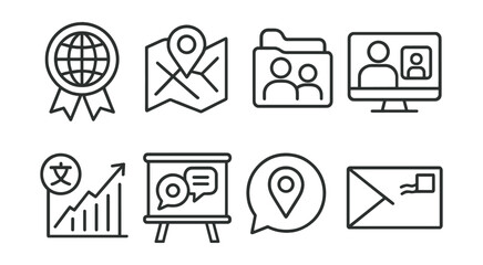 Line style icons of global and local connections: global issue badge, local place map tag, community partner file, Skype/Zoom classroom icon, translate it chart, cultural exchange board, place-based