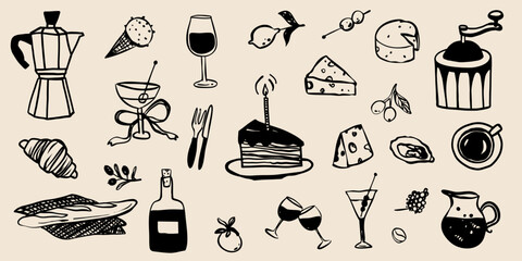 Birthday food dinner cafe icon doodle hand drawn illustration branding vector illustration set. Drink promotion beverage banner flyer menu collection in simple sketchy whimsical retro style
