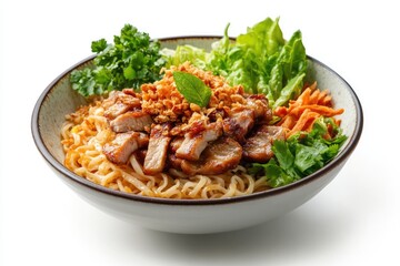 Delicious Asian Noodles with Grilled Pork, Fresh Herbs, and Crispy Vegetables