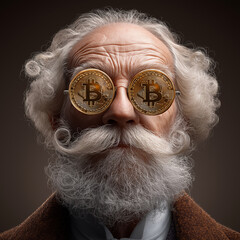 Älterer Mann mit weißem Bart und Haaren trägt Bitcoin-Münzen als Brillengläser und schaut in die Kamera.
