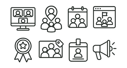 Line style icons of forum meetups and community: online gathering screen, local meetup map pin, user group calendar, community project thread, co-host badge, group photo tag, name badge icon,