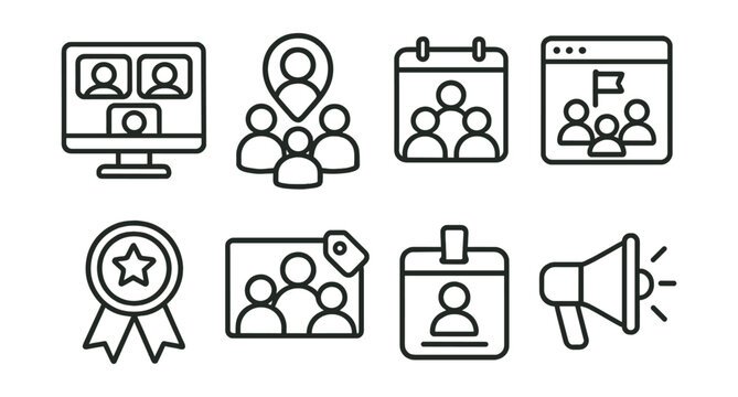 Line style icons of forum meetups and community: online gathering screen, local meetup map pin, user group calendar, community project thread, co-host badge, group photo tag, name badge icon,