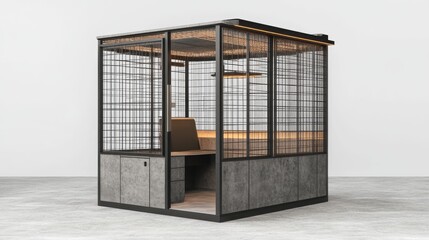 Modern, enclosed workspace cubicle with metal cage design.