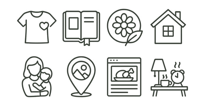 Line style icons of personal blog themes: lifestyle post icon, daily journal entry, wellness journey badge, home and decor tag, parenting post symbol, travel story location pin, food blog layout,