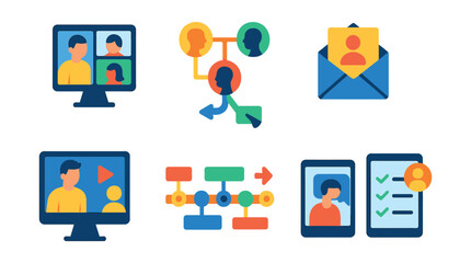 Isometric flat vector icons of Remote Team Collaboration: online team workshop, group mind map tool, collaboration inbox, remote training session, shared project timeline, task reassignment icon,