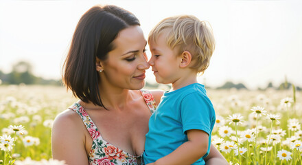 Mother and son touching noses in blooming daisy field at sunset. Intimate family moment for spring campaign and mothers day greeting cards
