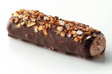 Decadent chocolate ice cream bar with almond topping on white background