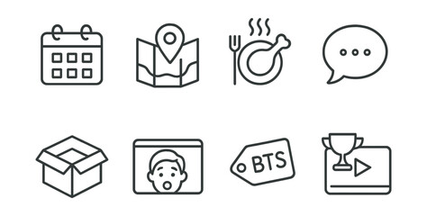 Line style icons of vlog content types: daily vlog calendar, travel vlog map pin, food review plate, lifestyle chat bubble, tech unboxing box, reaction face frame, behind the scenes tag, challenge