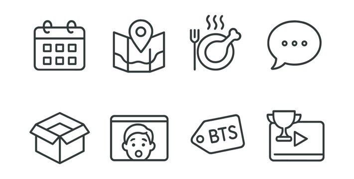 Line style icons of vlog content types: daily vlog calendar, travel vlog map pin, food review plate, lifestyle chat bubble, tech unboxing box, reaction face frame, behind the scenes tag, challenge