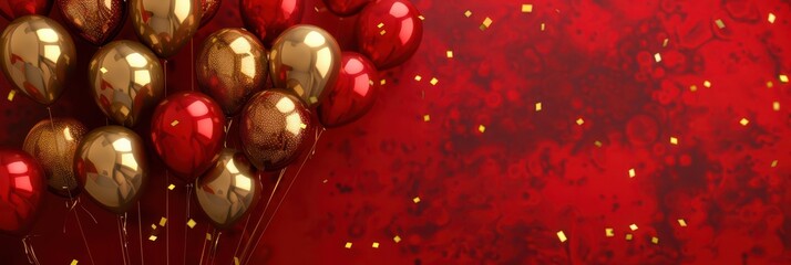 Festive balloons celebrating montenegro independence day on vibrant red background. Horizontal banner. Copy space. Red and gold ballons in colors of flag of Montenegro on a red background