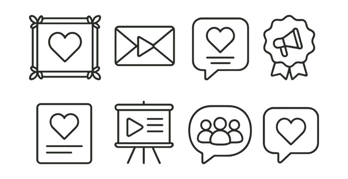 Line style icons of community and support: fan art frame, viewer email tag, comment appreciation icon, shoutout list badge, thank-you card symbol, channel mission board, join our group bubble,