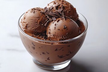 Indulgent chocolate ice cream scoops in a glass bowl with rich chocolate shavings
