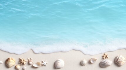 Obraz premium Seashells and starfish on sandy beach with turquoise water overhead summer vacation holiday