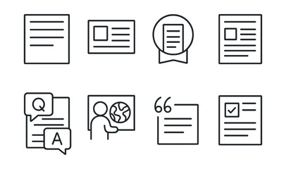 Line style icons of news article formats: headline + byline icon, news summary card, opinion column badge, in-depth analysis page, Q&A format sheet, editorial cartoon icon, quote block, reader poll