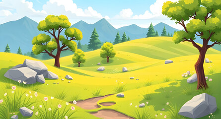 Naklejka premium landscape with green grass and blue sky art ,landscape, green, grass, blue, sky, art, painting, nature, scenery, field, clouds, horizon, outdoor, meadow, bright, vibrant, sunny, day, canvas, texture