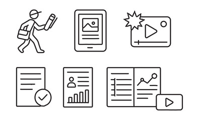 Line style icons of news media formats: print paper delivery, digital magazine icon, breaking video icon, photo story tag, timeline article layout, infographic panel, interactive map symbol, short