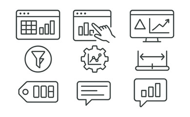 Line style icons of data visualization tools: chart builder screen, drag-and-drop dashboard, visual storytelling slide, interactive filters badge, graph customization symbol, axis range selector,