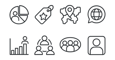 Line style icons of audience insights: demographic chart icon, interest tag badge, geo-location heatmap, language preference bubble, age distribution bar, behavior cluster symbol, audience segments