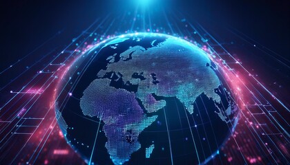Fototapeta premium Earth represented by little dots, binary code and lines - big data, global business