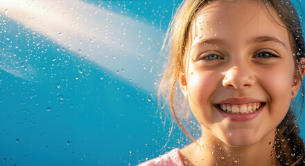 Laughing blonde girl with blue eyes against bright blue background with water droplets. Fresh summer portrait for Children's Day, water fun and swimming lesson promotions