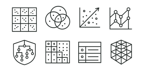 Line style icons of multivariate analysis: matrix plot icon, factor analysis bubble, principal component chart, multi-variable comparison, cluster map badge, correlation matrix layout, MANOVA table,