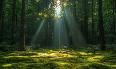Obraz premium Sunlight filters through a dense forest canopy illuminating a vibrant mossy forest floor