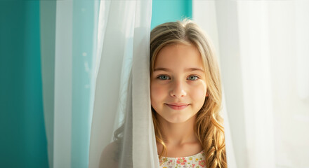 Blonde girl with gentle smile peeking through white curtains against turquoise wall. Soft home portrait for Children's Day, morning wellness and child mental health awareness campaigns