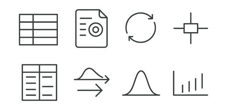 Line style icons of descriptive statistics: summary table icon, central tendency file, variability symbol, box plot layout, five-number summary icon, data skew arrow, shape of distribution, data
