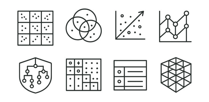 Line style icons of multivariate analysis: matrix plot icon, factor analysis bubble, principal component chart, multi-variable comparison, cluster map badge, correlation matrix layout, MANOVA table,