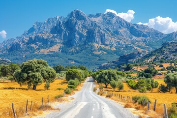 Naklejka premium Scenic mountain road through a golden valley.