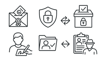 Line style icons of election security and verification: sealed ballot symbol, encryption shield badge, tamper-proof box icon, voter signature match, identity check file, audit trail arrows,