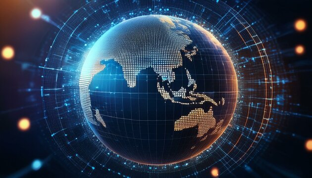 arth represented by little dots, binary code and lines - big data, global business