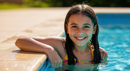 Happy young girl smiling, enjoying refreshing swim in sunlit pool. Summer fun, active leisure focus. Pool party invites, swimwear advertising, family resort promotions