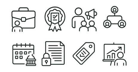 Line style icons of policy advocacy and lobbying: lobbyist briefcase icon, policy proposal badge, interest group logo, advocacy network chart, legislative visit calendar, lobbying disclosure file,