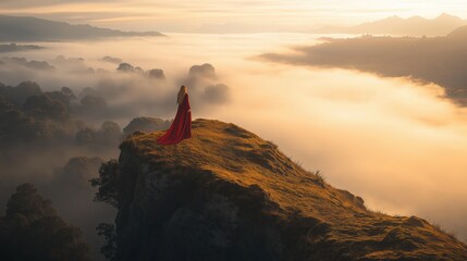 Featuring a lone figure in a flowing red cloak standing atop a misty mountain ridge, vast open wilderness, soft golden light, ethereal atmosphere, cinematic composition.