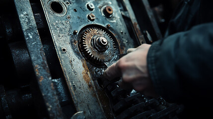 Mechanic Working on Rusty Industrial Gear