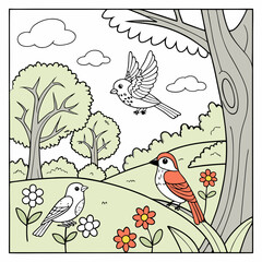 floral background with birds and flowers coloring page