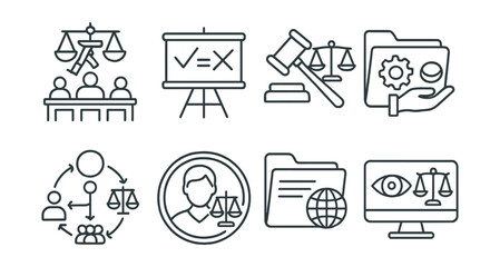 Line style icons of accountability and justice: war crimes court icon, truth and reconciliation board, prosecution symbol, reparations folder, justice process chart, survivor testimony badge,