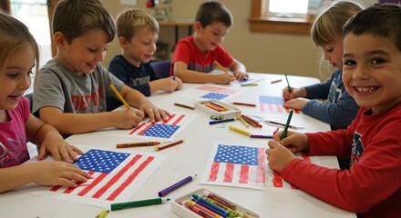 A Diverse Group of Preschool Children Engaged in a Patriotic Art Project Drawing American Flags Together Around a Table in a Bright Classroom Creating Artwork