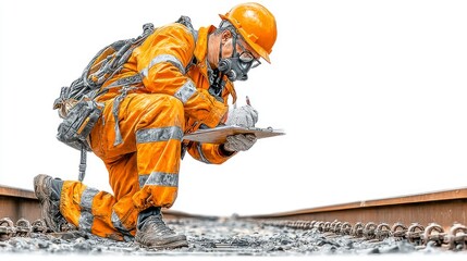 Worker in Protective Gear Inspecting Railway Tracks with Clipboard and Safety Equipment