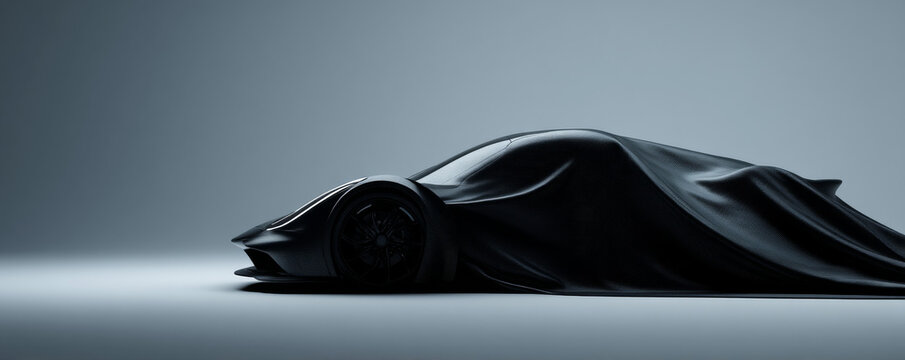 A sleek car silhouette covered by a black cloth, representing mystery and innovation.