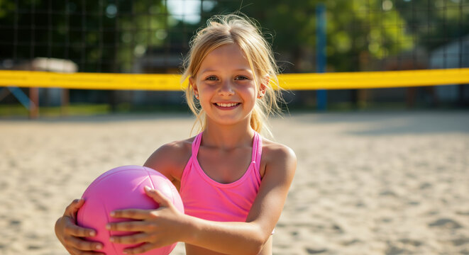 Smiling blonde girl in pink top holding pink volleyball on sandy beach court with yellow net background. Summer sports activity for beach vacations and children's outdoor recreation programs