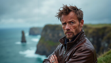 Thoughtful man standing on a cliff overlooking the sea on a cloudy background