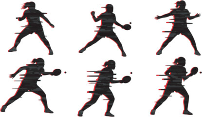 Obraz premium set of Table tennis player with glitch effect, isolated vector silhouette. Woman playing ping pong. Sports clipart 