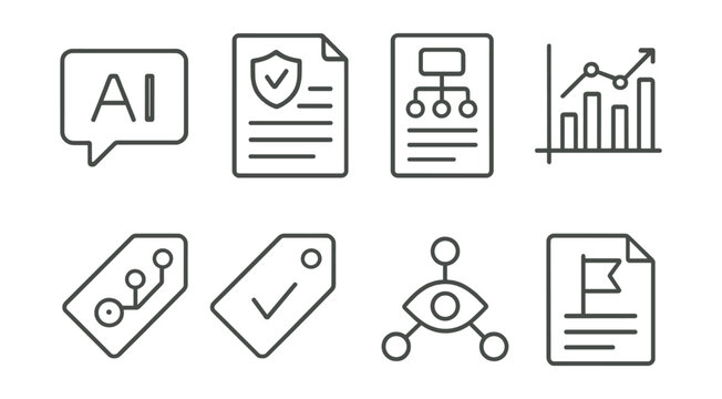 Line style icons of transparency in AI: AI explanation bubble, bias audit file, model overview sheet, input/output analysis chart, data provenance tag, accountability tag, traceable logic icon,